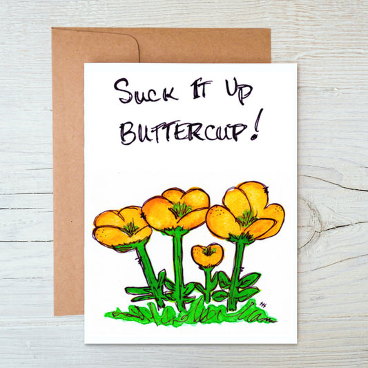 Cover photo w/envelope-- front side hand-drawn, hand-painted card of a colorful, whimsical watercolor group of yellow buttercup flowers with brown kraft envelope behind it on a background of white-washed wood